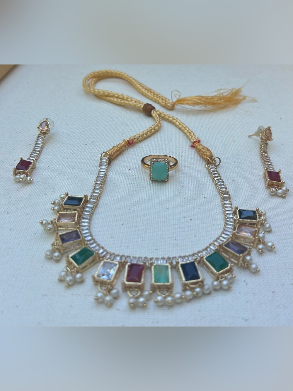 Gold-Tone Multicolor Stone Necklace with Matching Earrings and Mint Ring